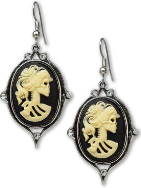 Gothic Skull Cameo Dangle Earrings with Austrian Crystals - Ivory & Black